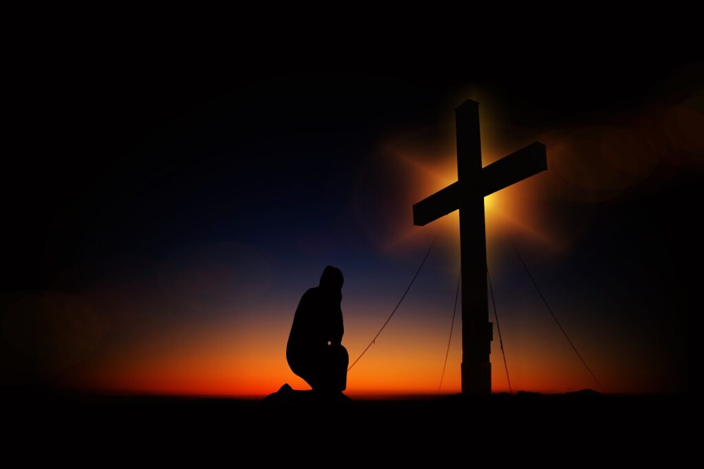 cross, sunset, humility, devotion, silhouette, human, kneeling, knee, pray, worships, prayer, faith, religion, church, symbol, clouds, heaven, christian, crucifixion, quiet, immersion, jesus christ, meditation, nature, jesus, christ, christianity, black, figure